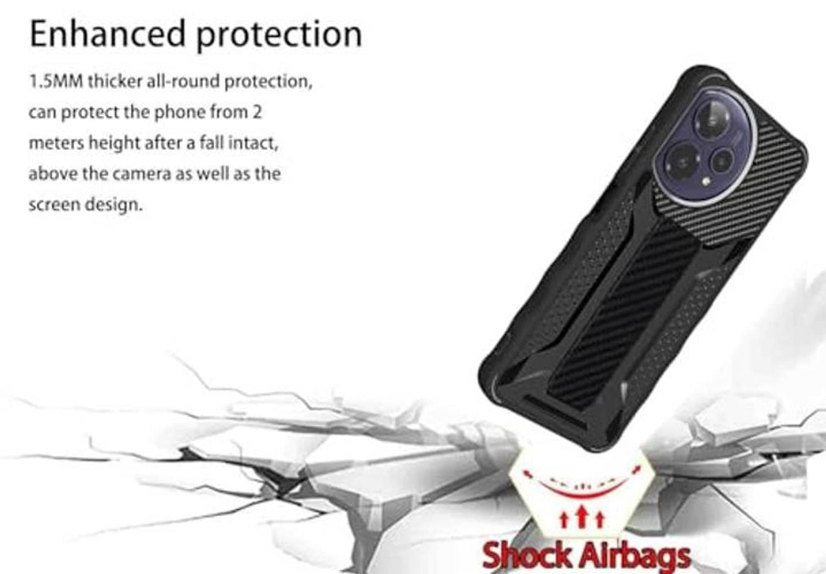 Black rugged phone case with carbon-fiber pattern, thick shock-absorbing design