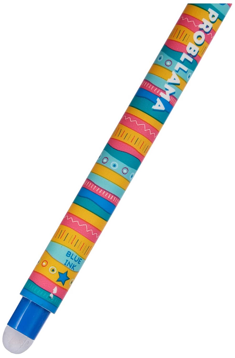 Erasable gel pen with multicolour strip pattern and blue ink tip, 0.7 mm.
