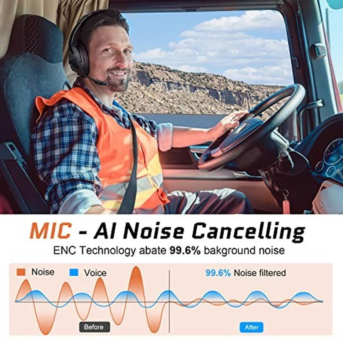 Man wearing black over-ear headset with boom mic while driving