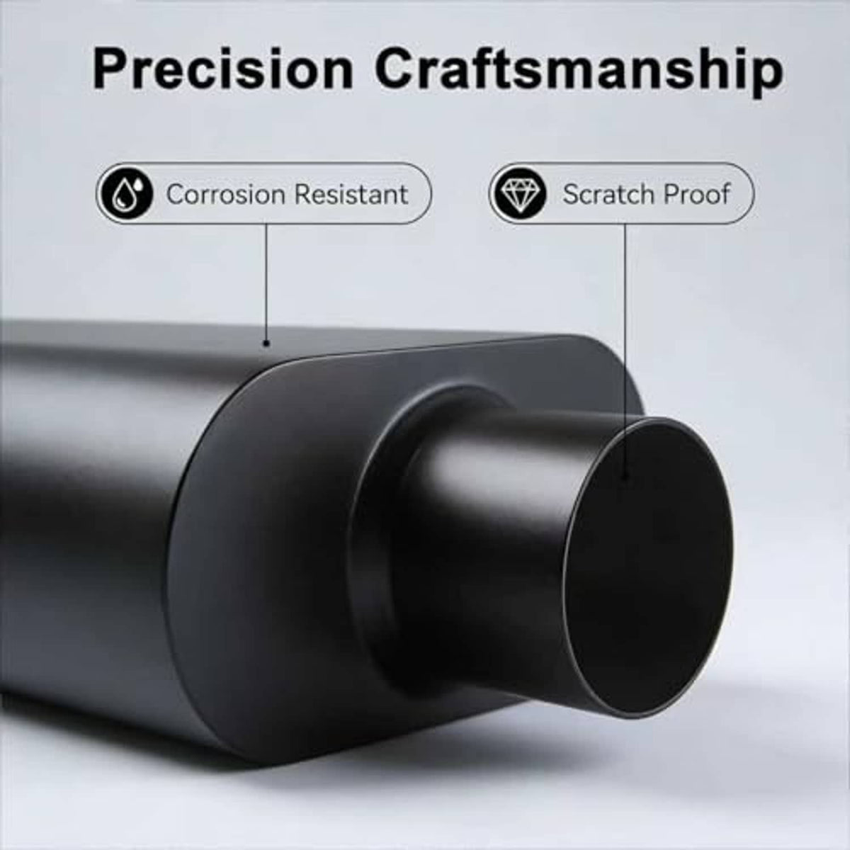 Black exhaust muffler, round outlet on right end, matte cylindrical body.