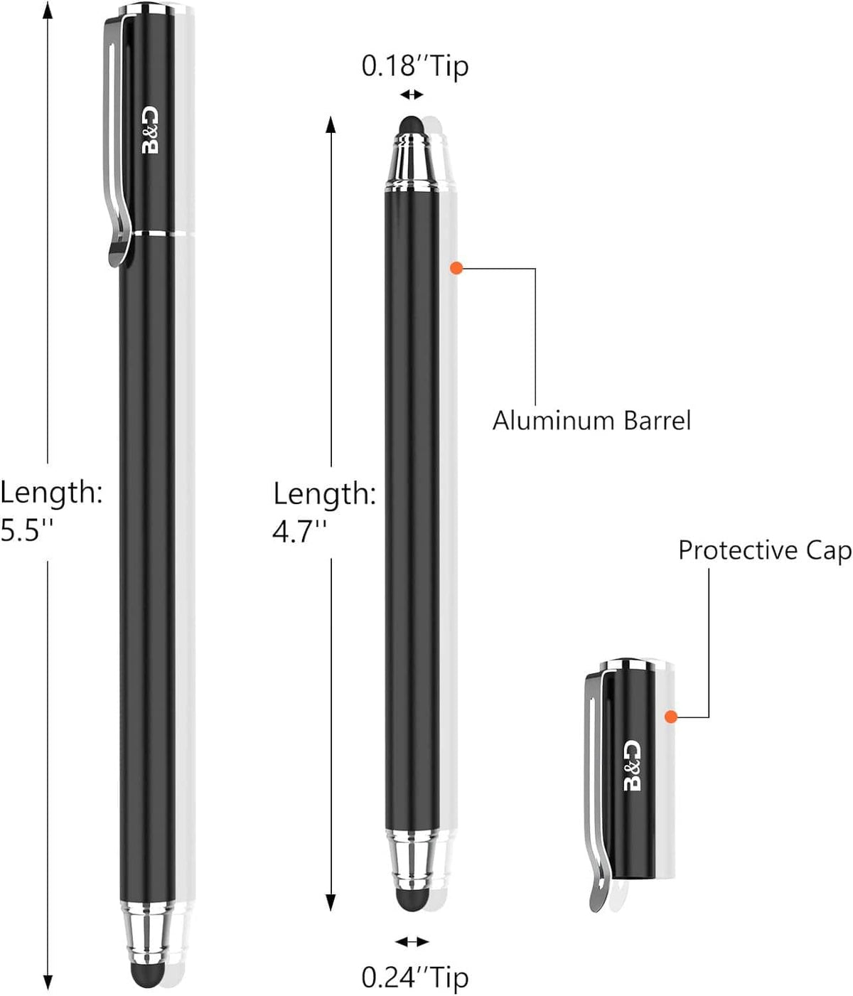Black touch screen stylus pen with length diagram and protective cap