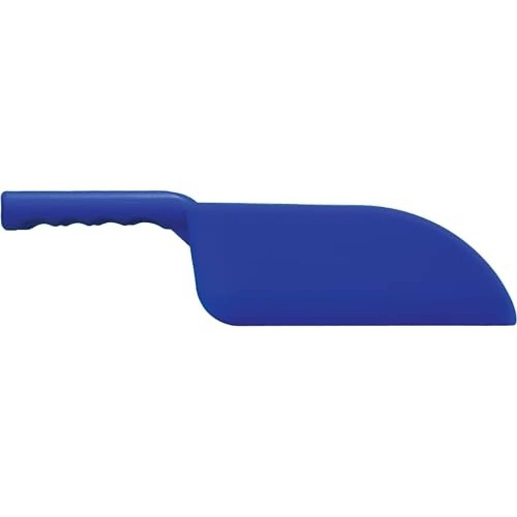 Blue plastic scoop shovel with extended spout and long handle, rectangular bowl