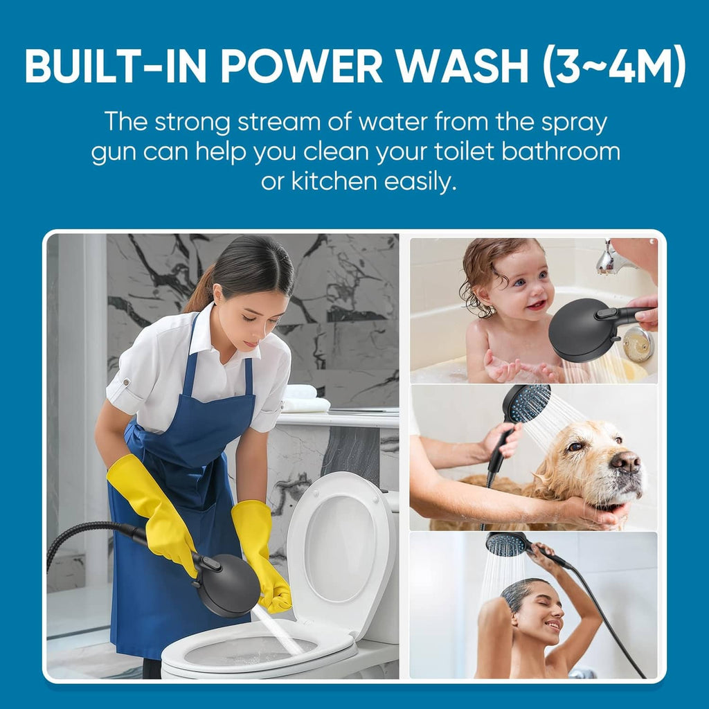 Matte black handheld shower head with strong power-wash style water stream