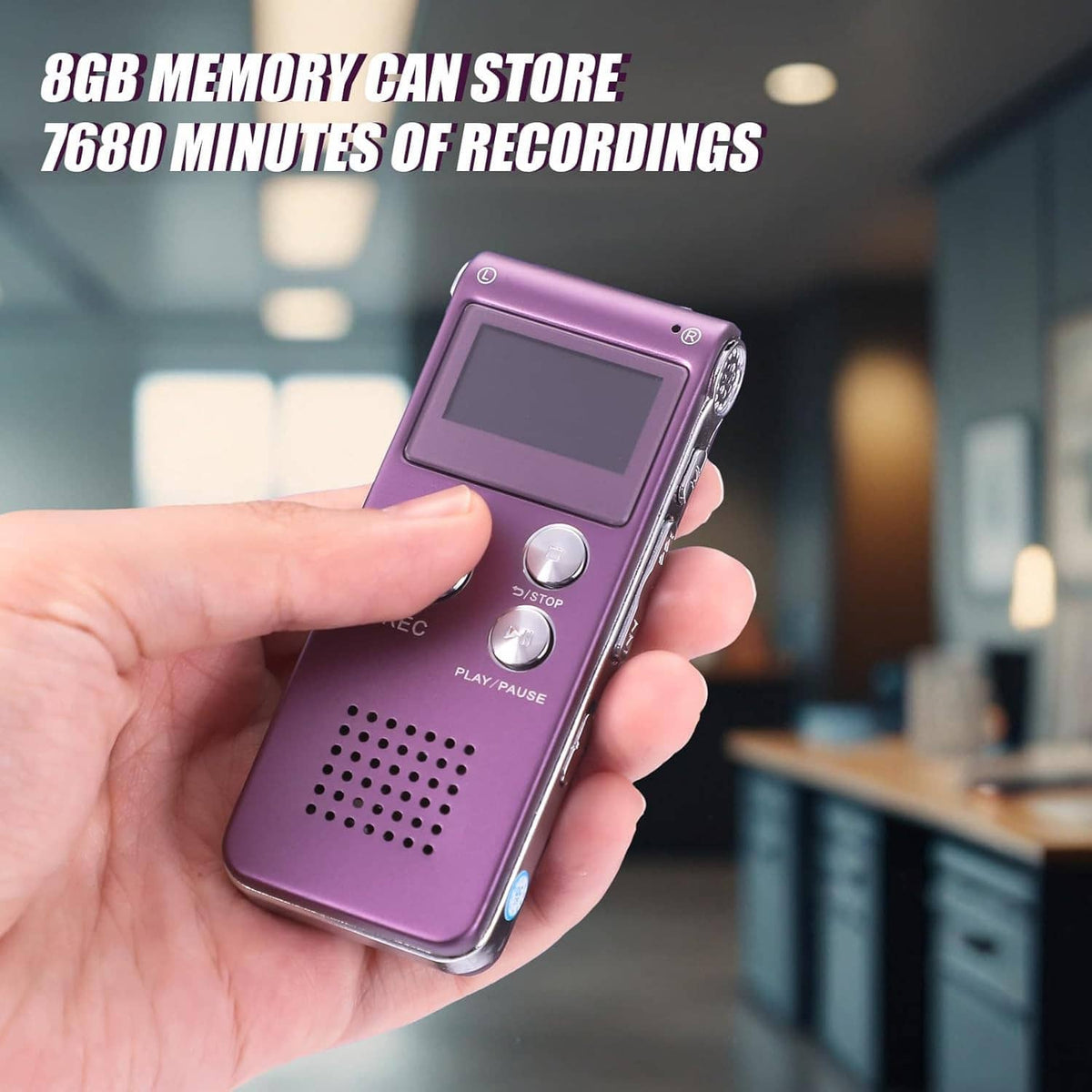 Purple handheld audio recorder with LCD display, record controls, and speaker grille