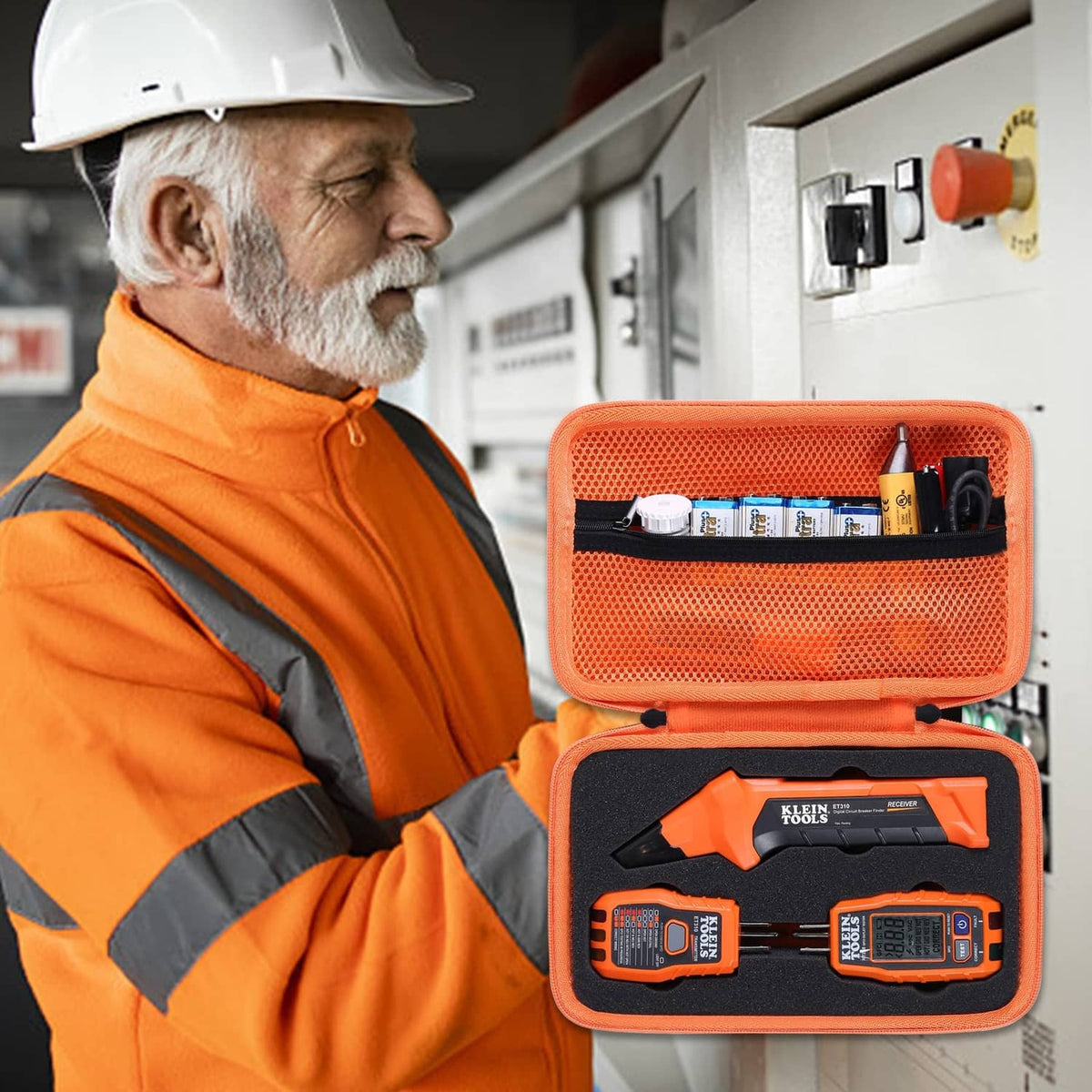 Orange hard tool case open with tester tools and foam organizer inside