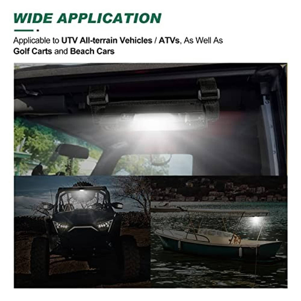 Roll bar LED light bar mounted under a vehicle roof, shining bright white