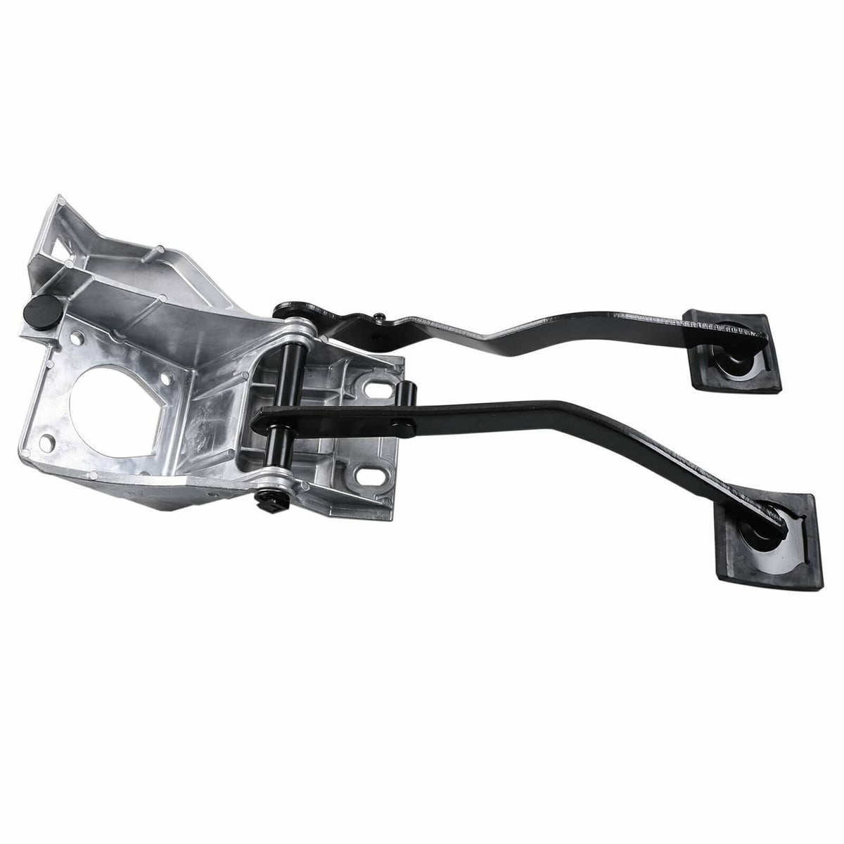 Metal pedal bracket assembly with black rubber pedal pads and linkage