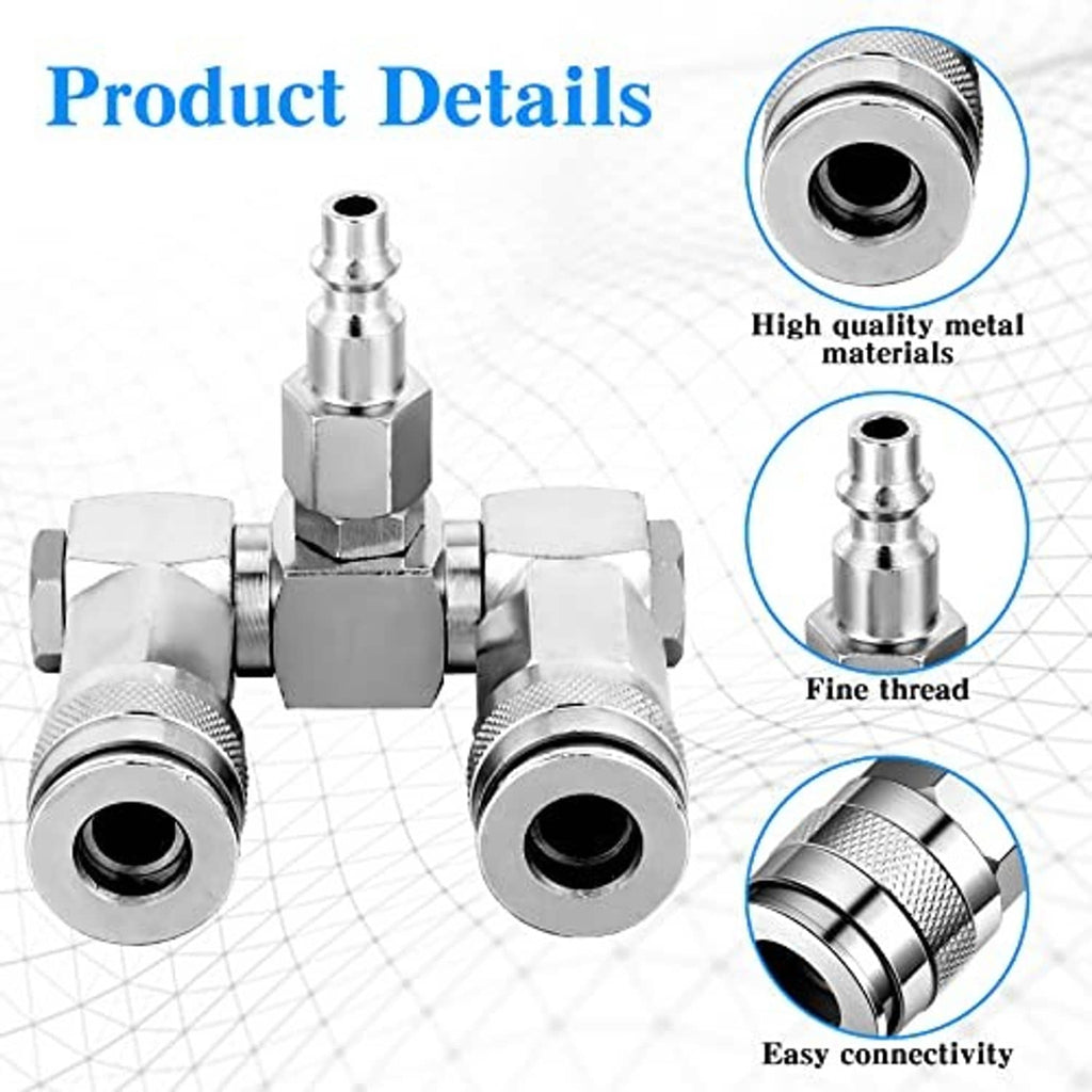 2-way air hose splitter fitting set with two 1/4 in NPT outlets, metal construction