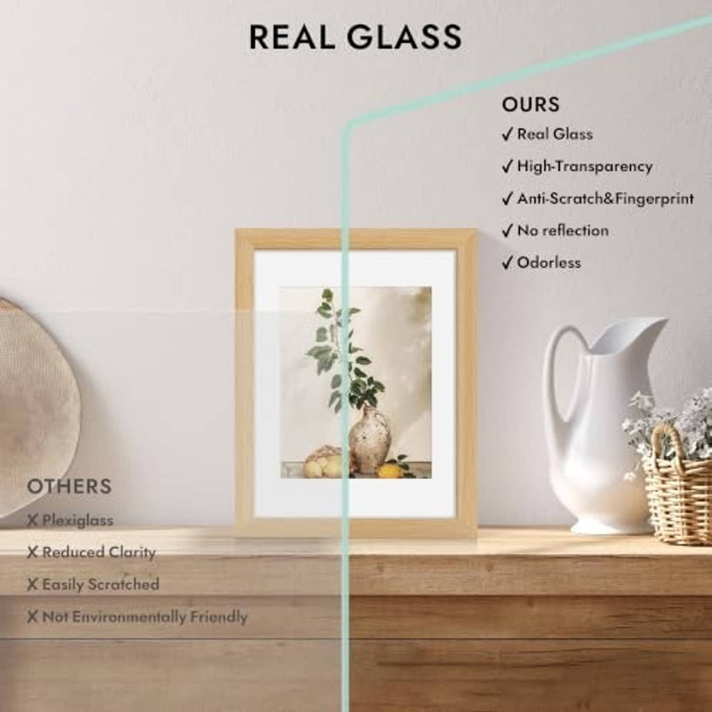 Natural oak picture frame with clear glass cover and photo insert