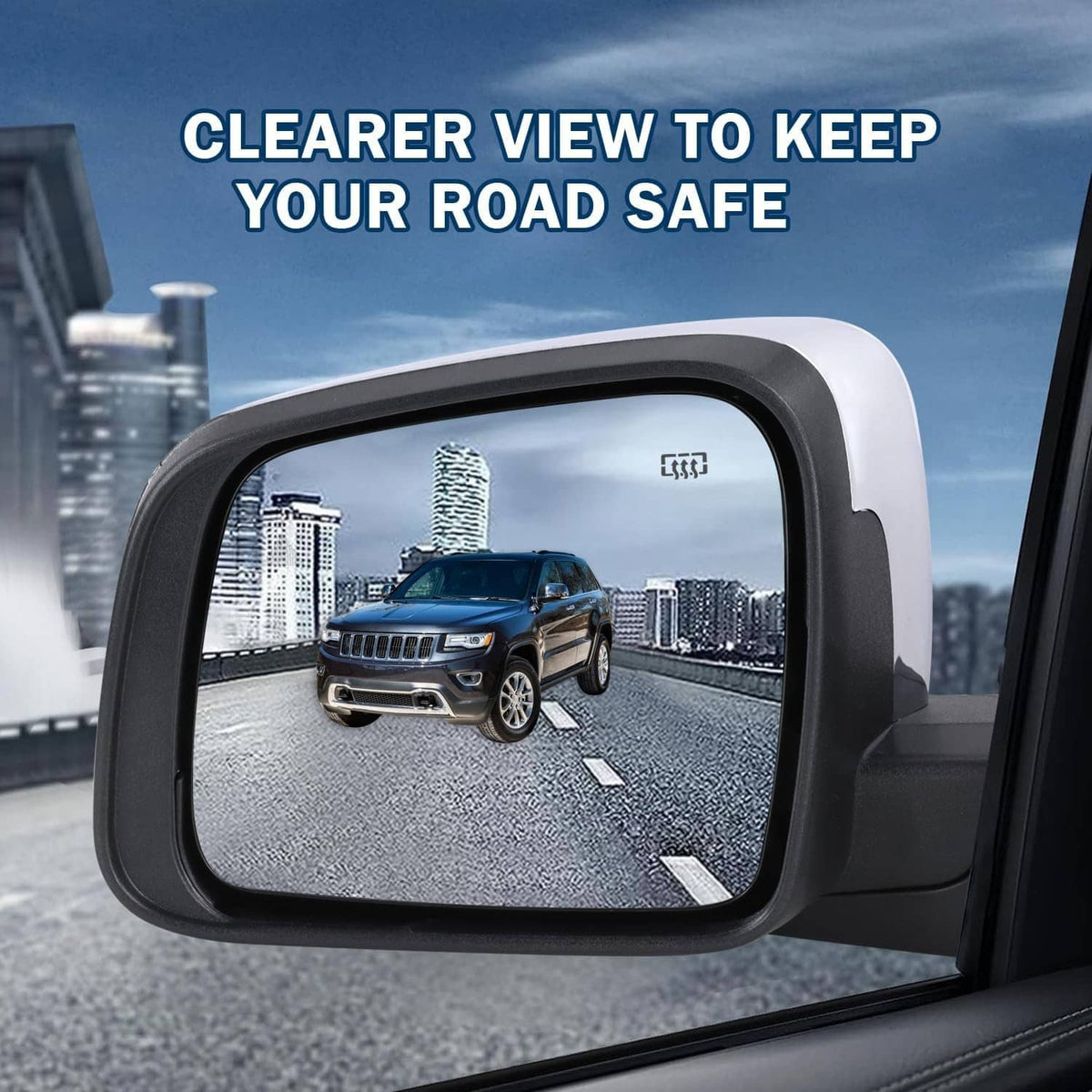 Driver side mirror with blind spot indicator, road view in dark reflective glass