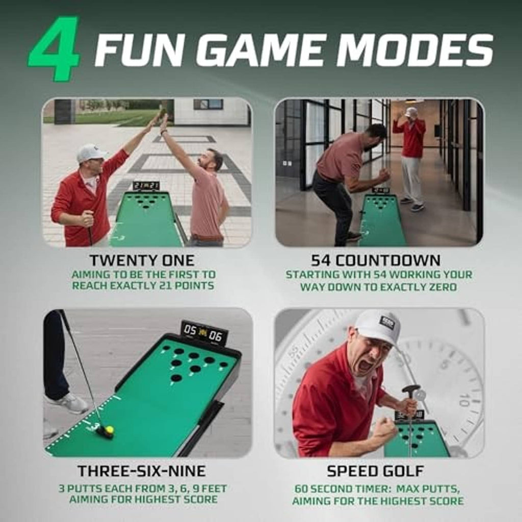 Electronic putting game mat with putter shown in multiple game mode scenes