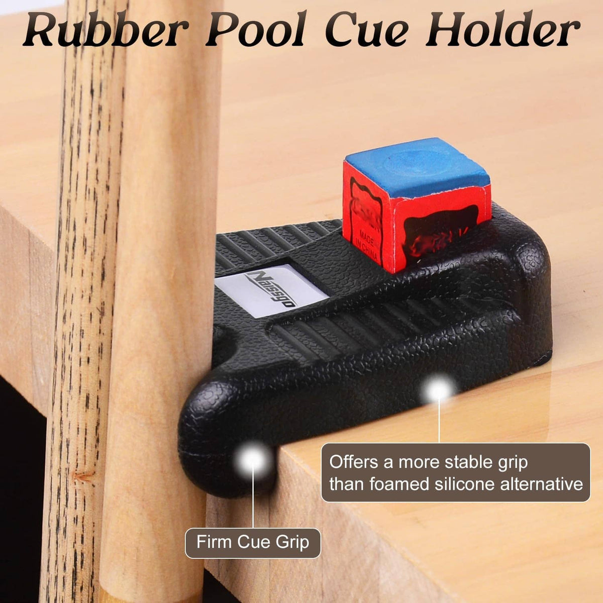 Rubber pool cue holder grips cue stick on tabletop, with ridged top surface