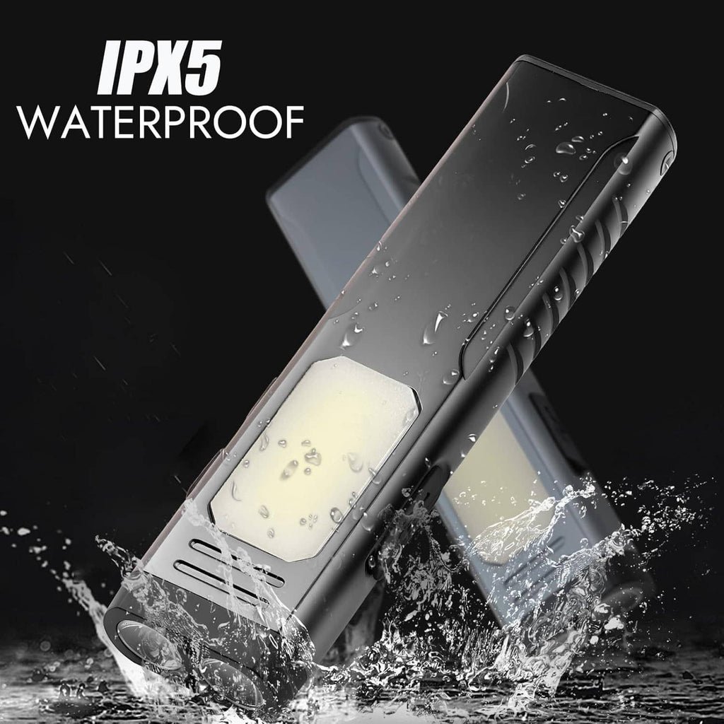 Waterproof rechargeable flashlight with water droplets on dark gray body