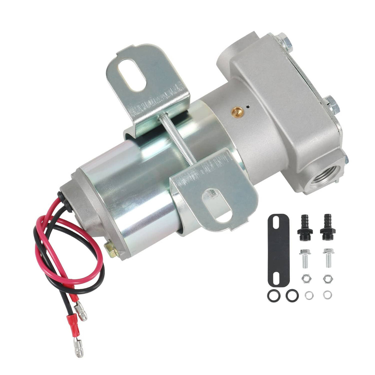 Electric fuel pump with electrical leads and mounting hardware, silver and light blue