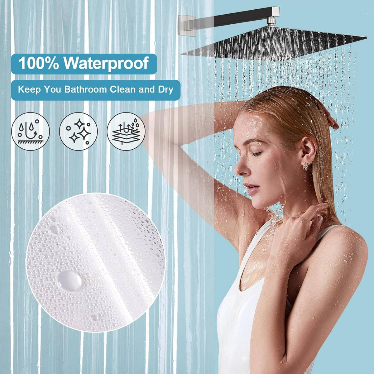 Clear shower curtain liner with visible water beading across the surface