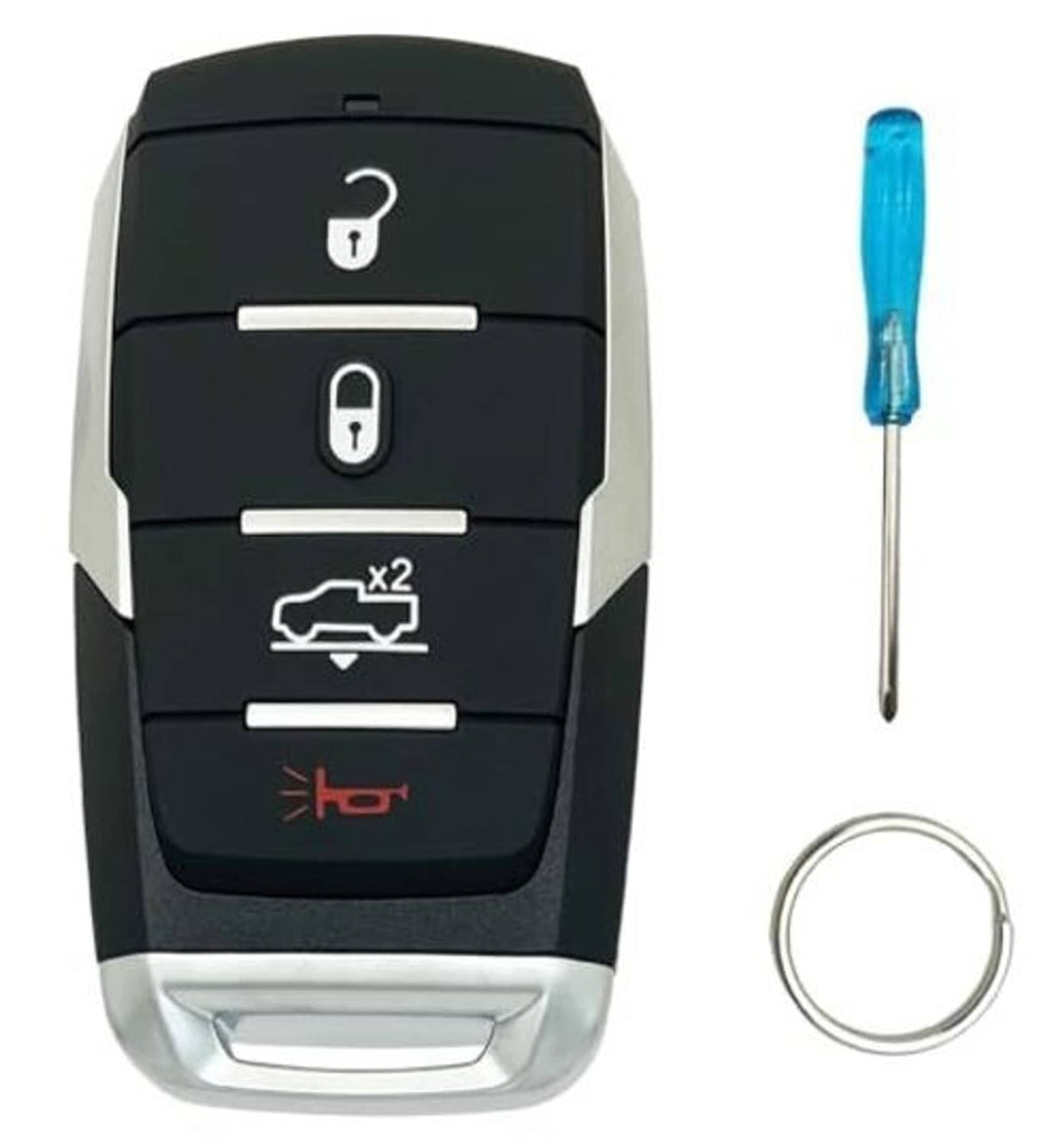 Black key fob cover shell with four button icons and silver lower edge