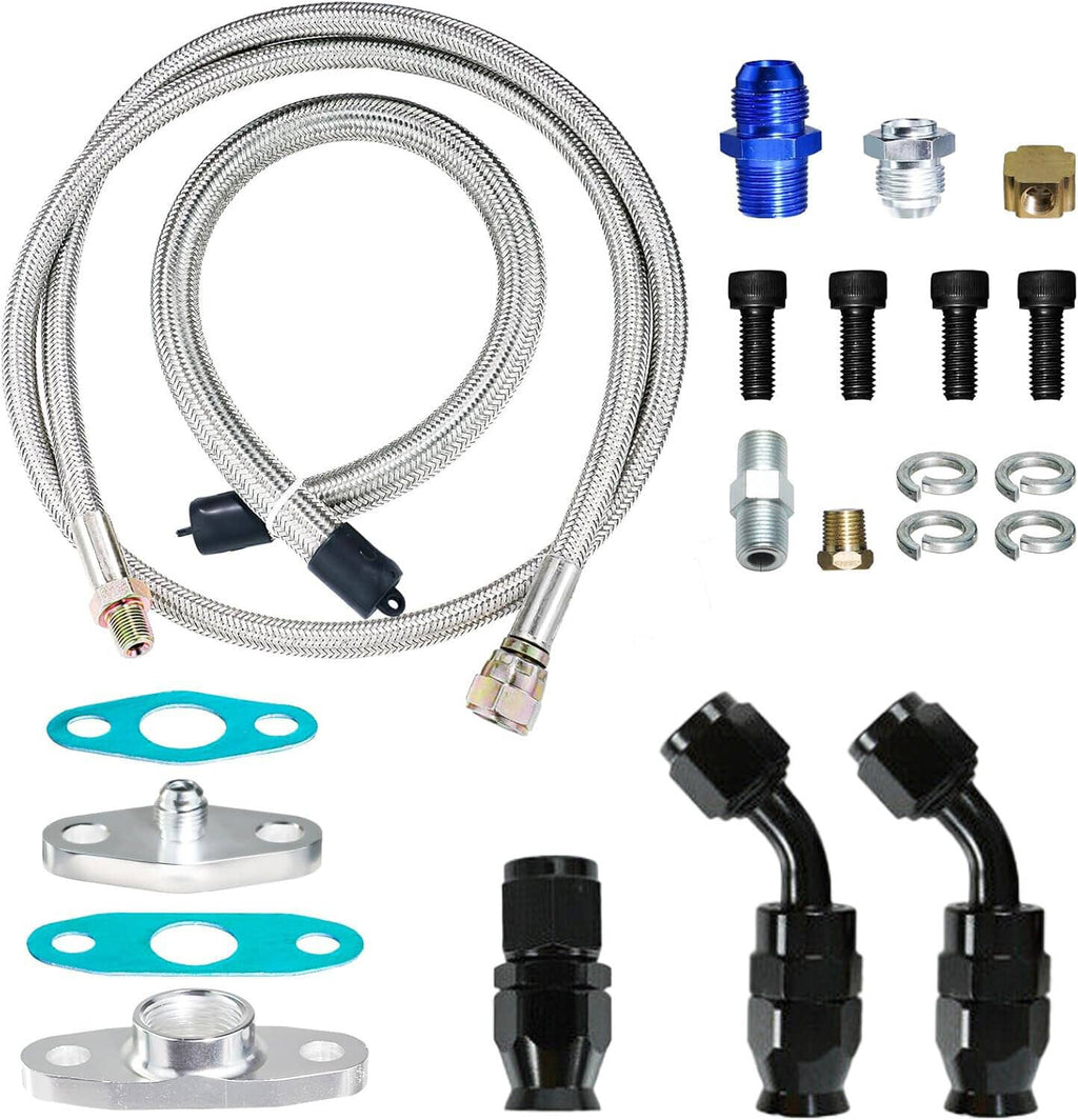 Oil feed line kit showing braided hose coil, blue and silver fittings, black hose adapters