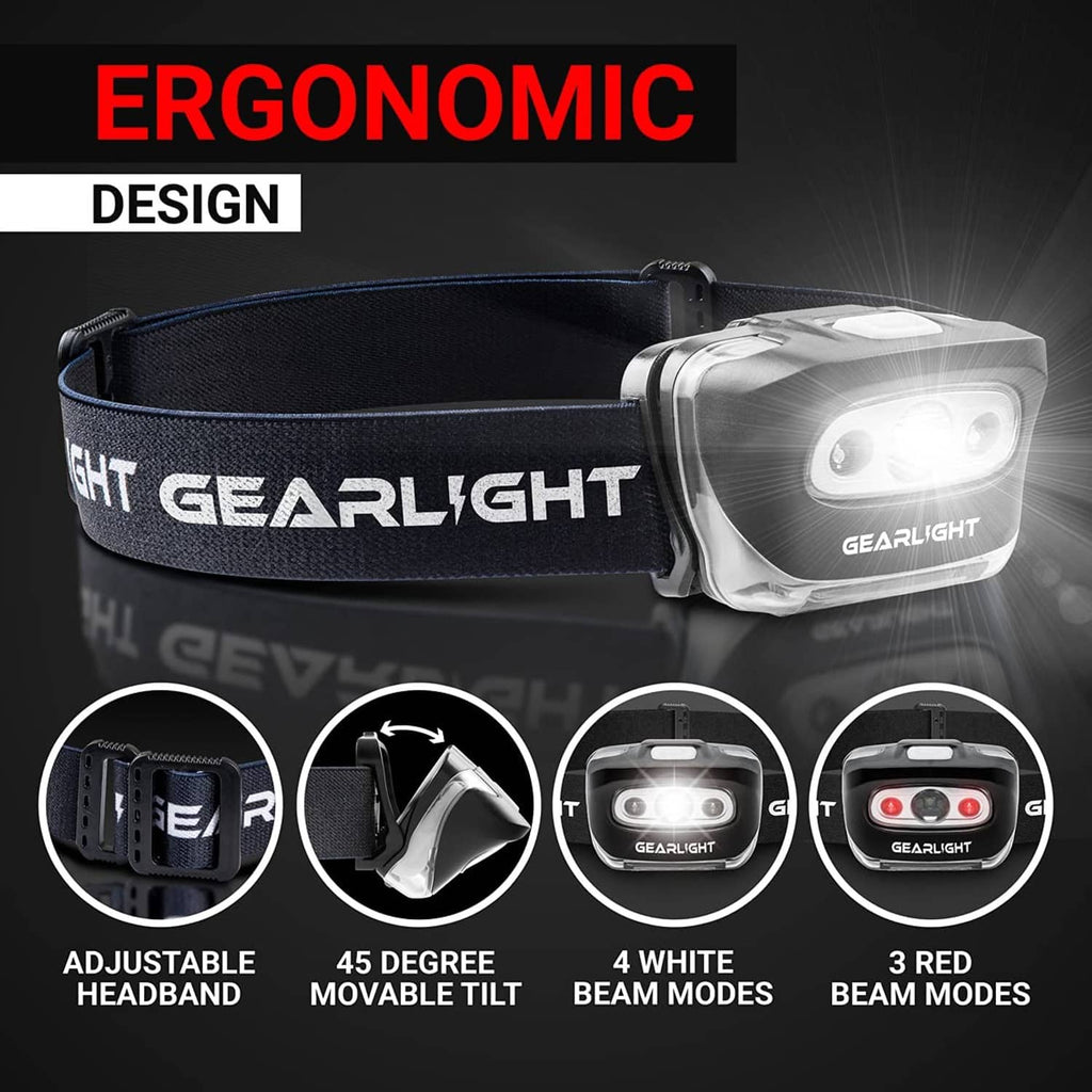 Black USB rechargeable headlamp on adjustable strap with white LED and tilt hinge