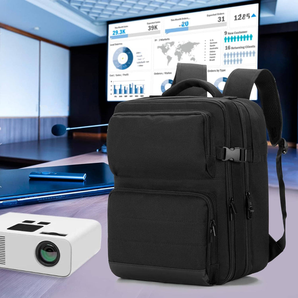 Black projector backpack with large front storage area and zippered accessory compartments.