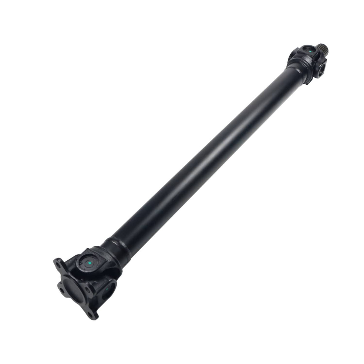 Black front driveshaft with mounting flange and universal joint ends