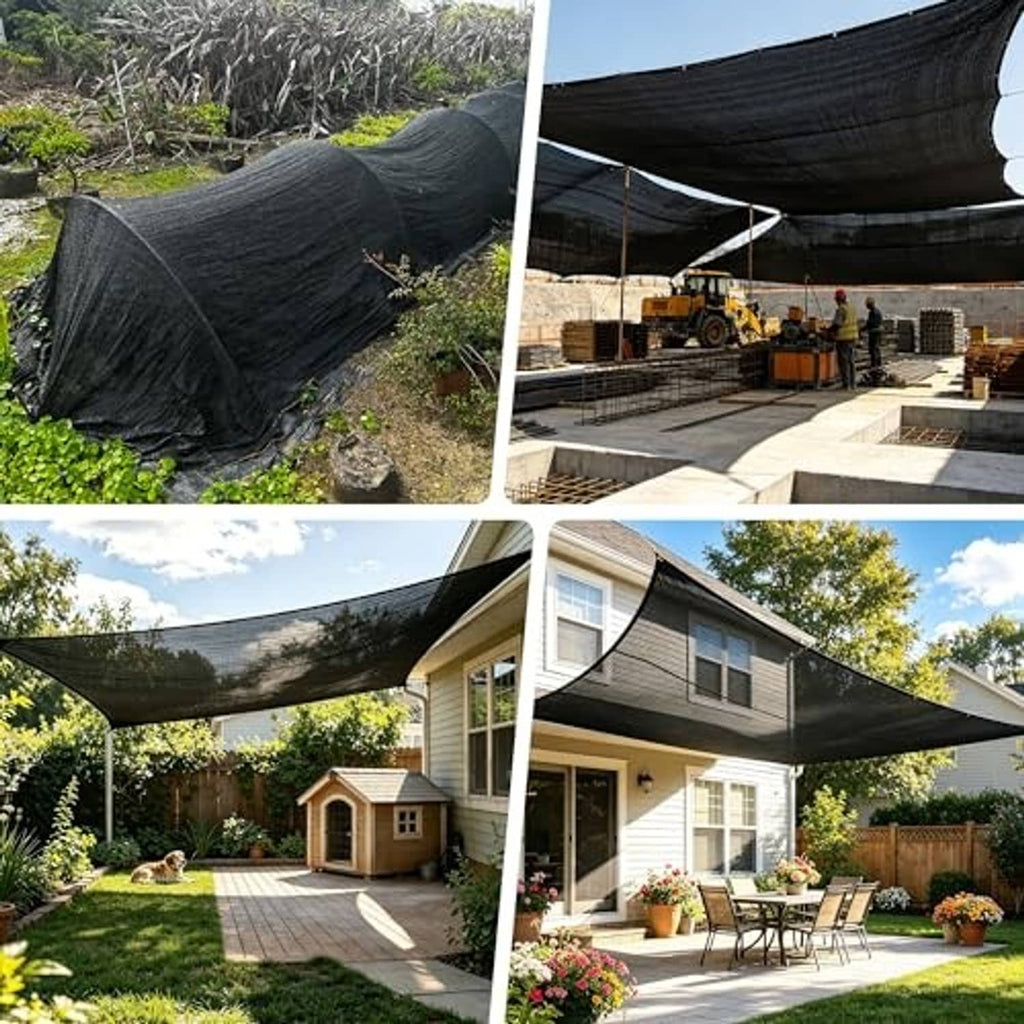 Black shade cloth tarp, secured over plants and patio seating with ropes