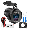 Black dual USB car charger with LED voltmeter display, PD and QC 3.0 ports