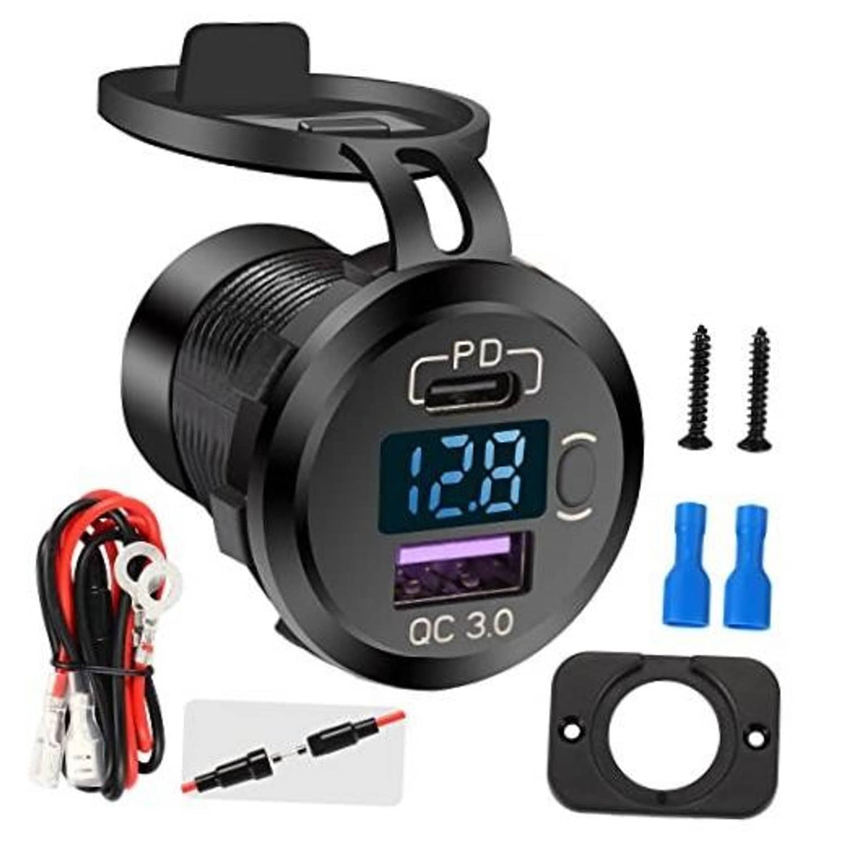 Black dual USB car charger with LED voltmeter display, PD and QC 3.0 ports