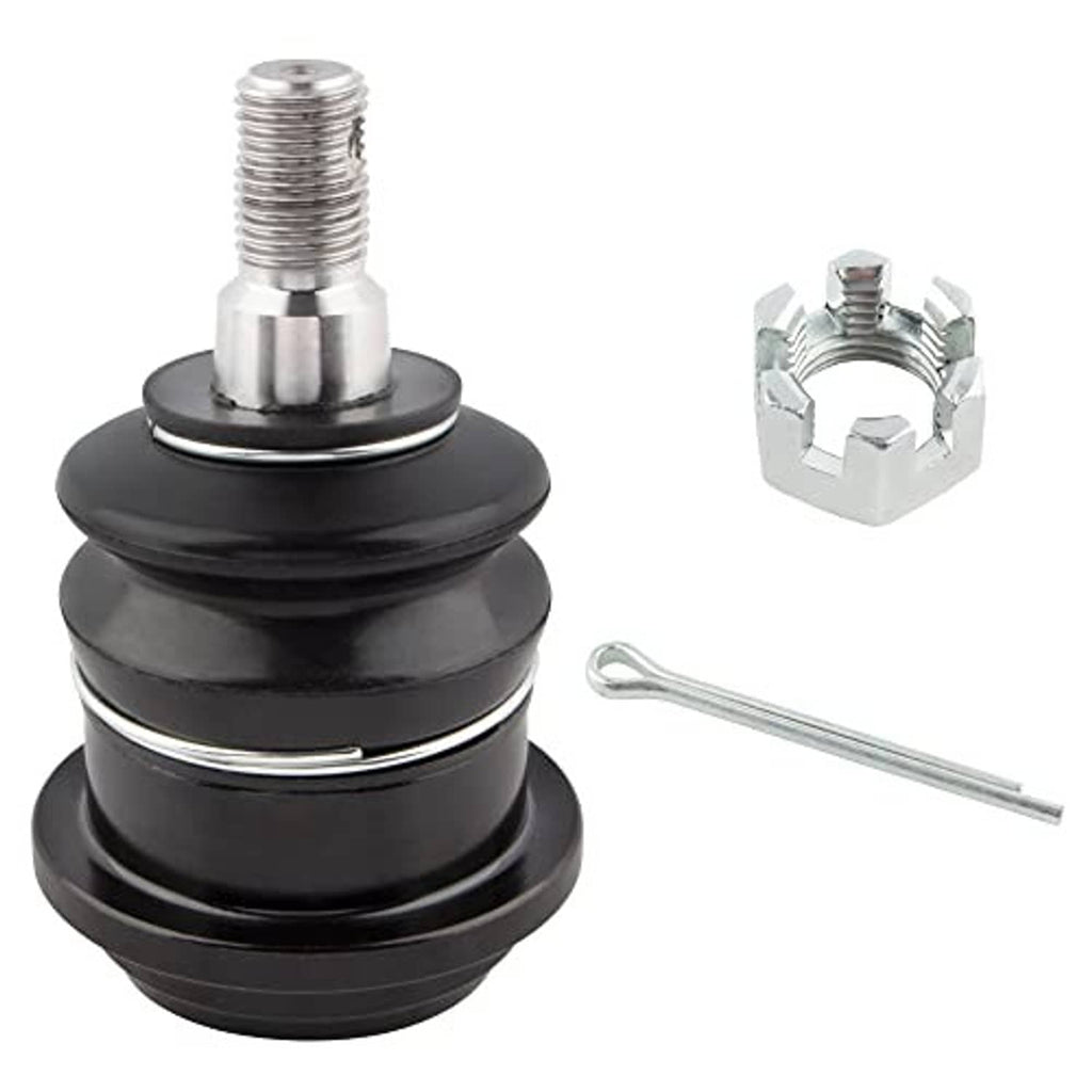 Ball joint with black boot, silver threaded stud, metal clip, and alignment pin