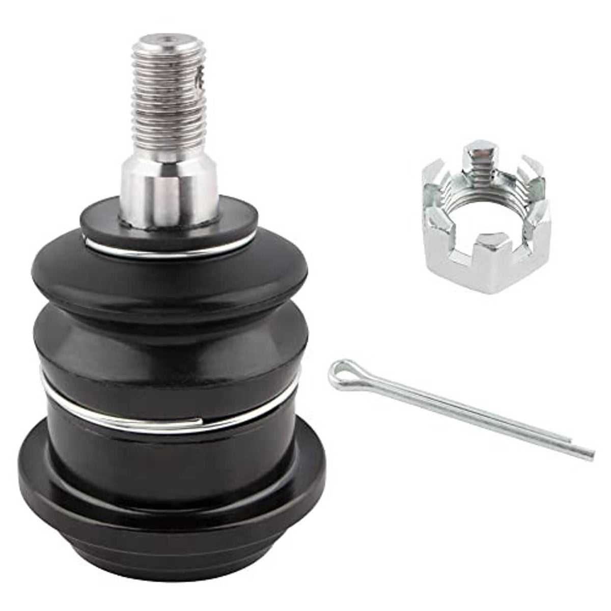 Ball joint with black boot, silver threaded stud, metal clip, and alignment pin
