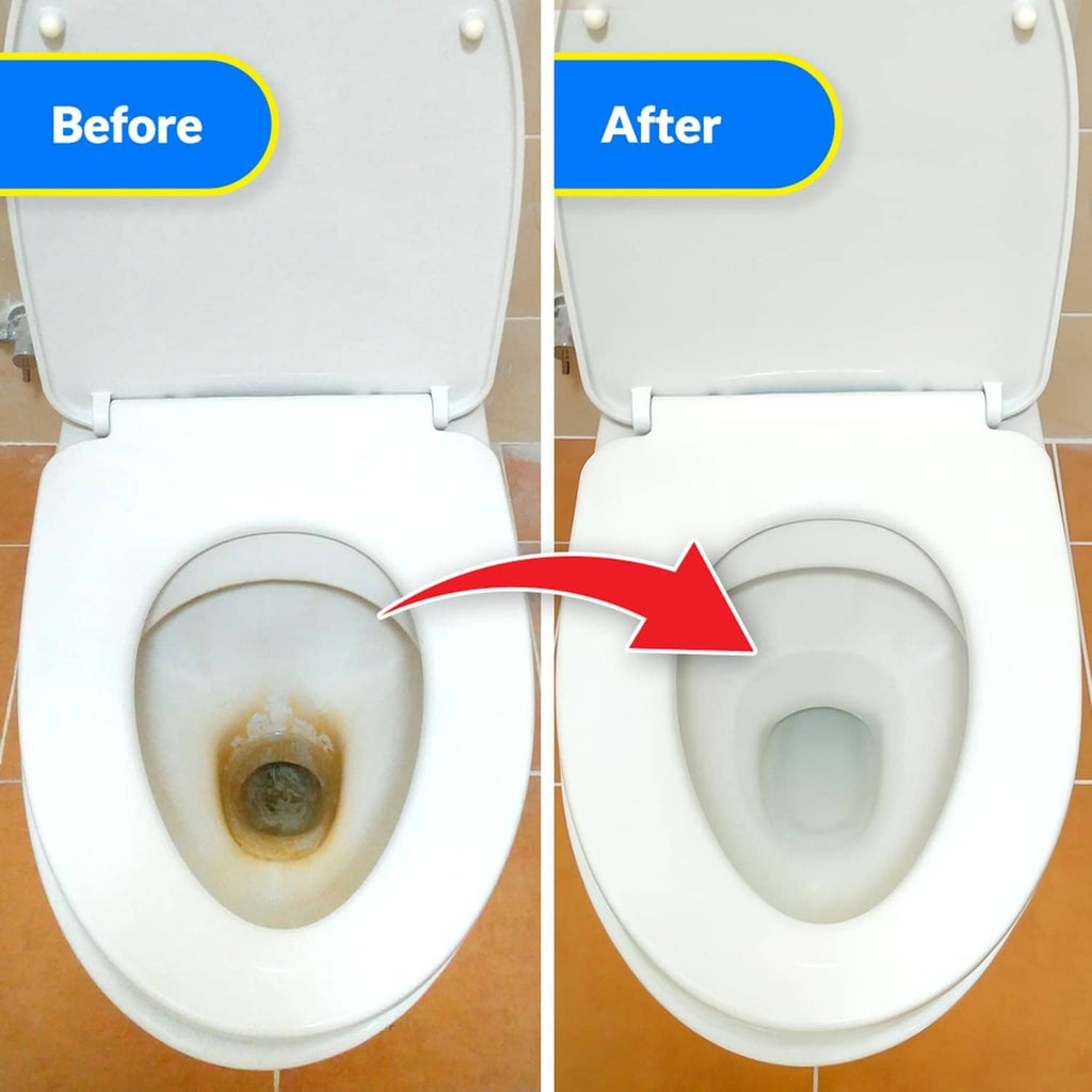 Toilet bowl before-and-after view showing stain removal after cleaning