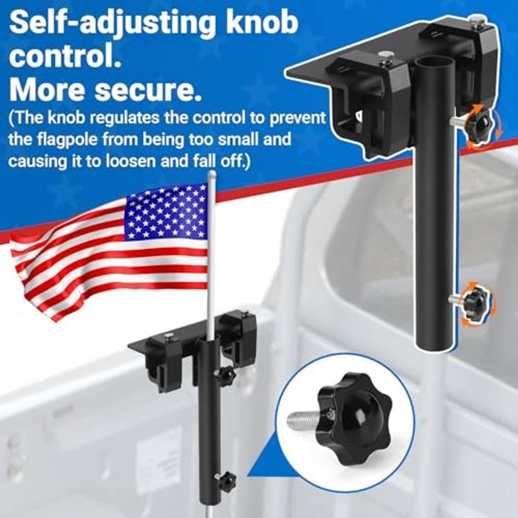 Black flag pole mount with self-adjusting knob and clamp hardware for truck bed