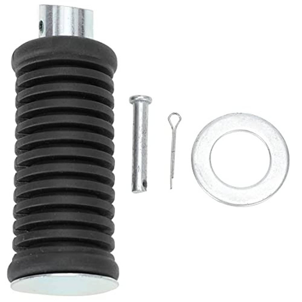 Black ribbed footpeg rubber boot with silver metal base, pin, and washer hardware