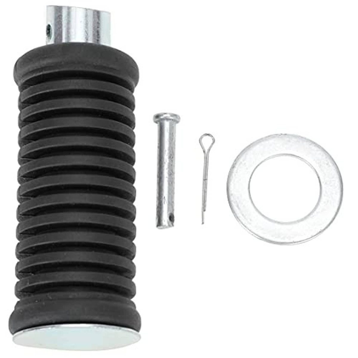 Black ribbed footpeg rubber boot with silver metal base, pin, and washer hardware