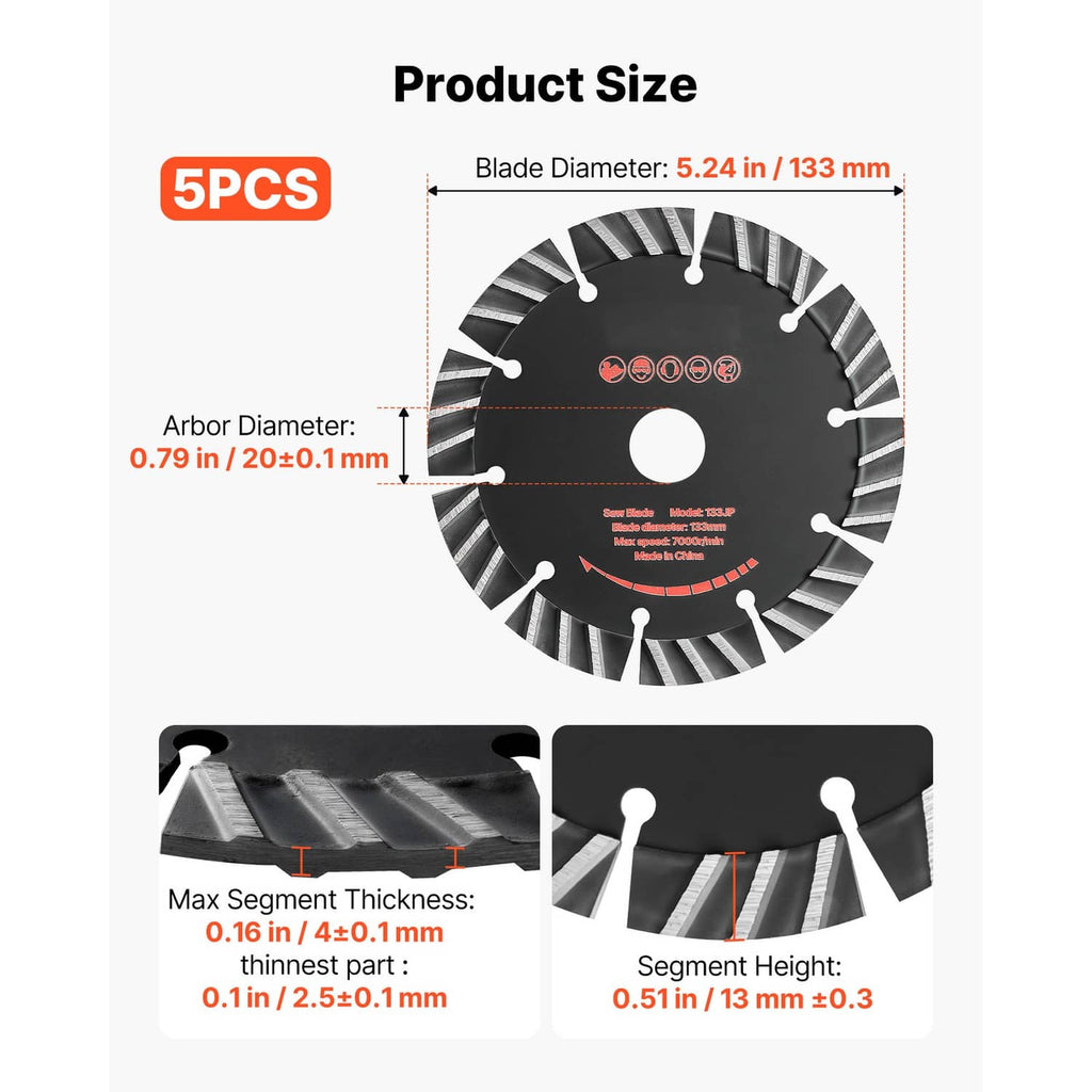 5-pack diamond blade set diagram showing 5.24 in blade diameter and 0.79 in arbor