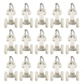 White plastic curtain track twin wheel carriers with metal hooks and rollers