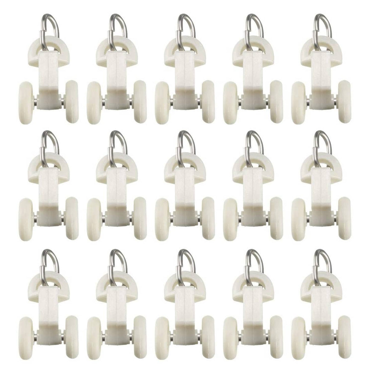 White plastic curtain track twin wheel carriers with metal hooks and rollers