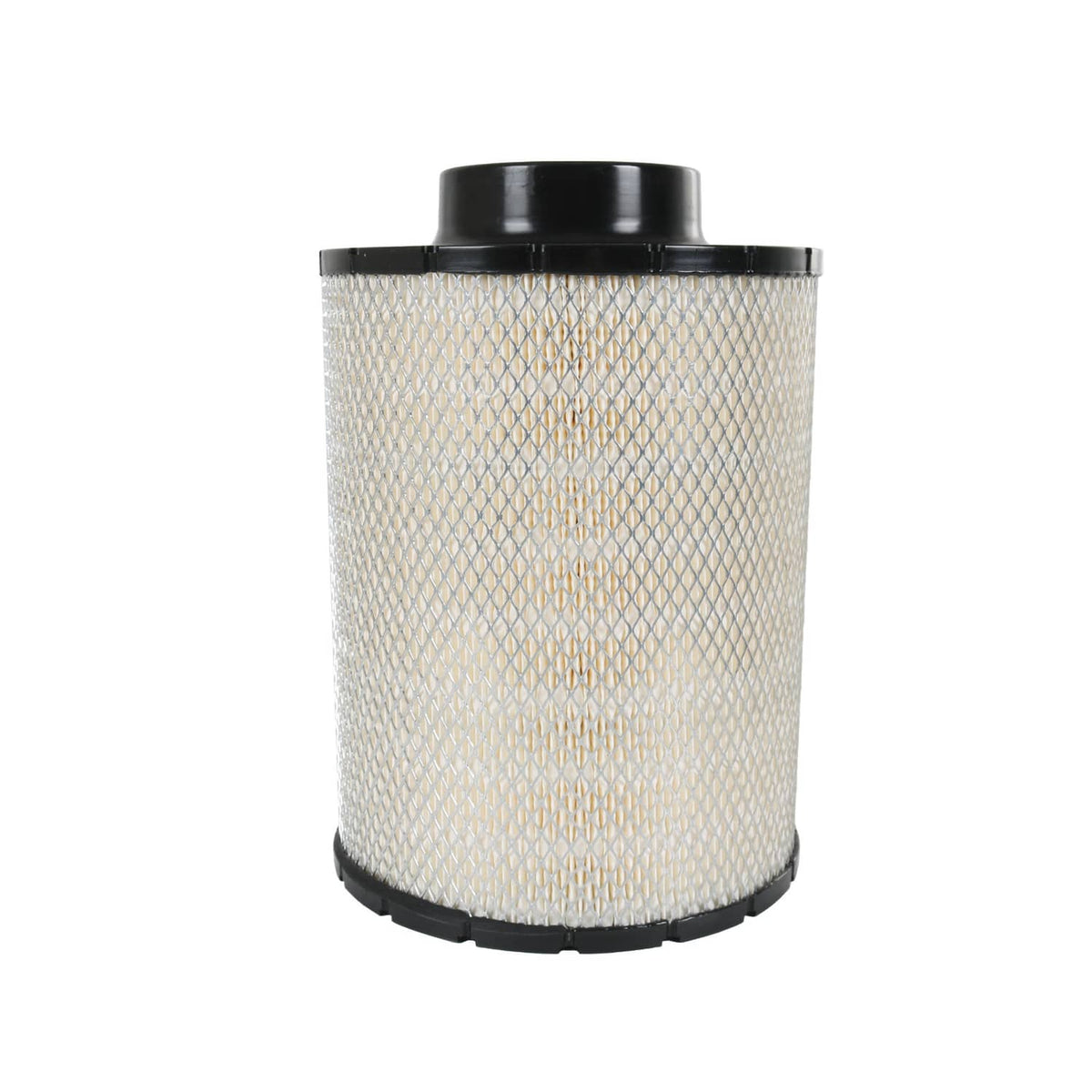 Air filter cartridge front view with black top collar and light pleated mesh body