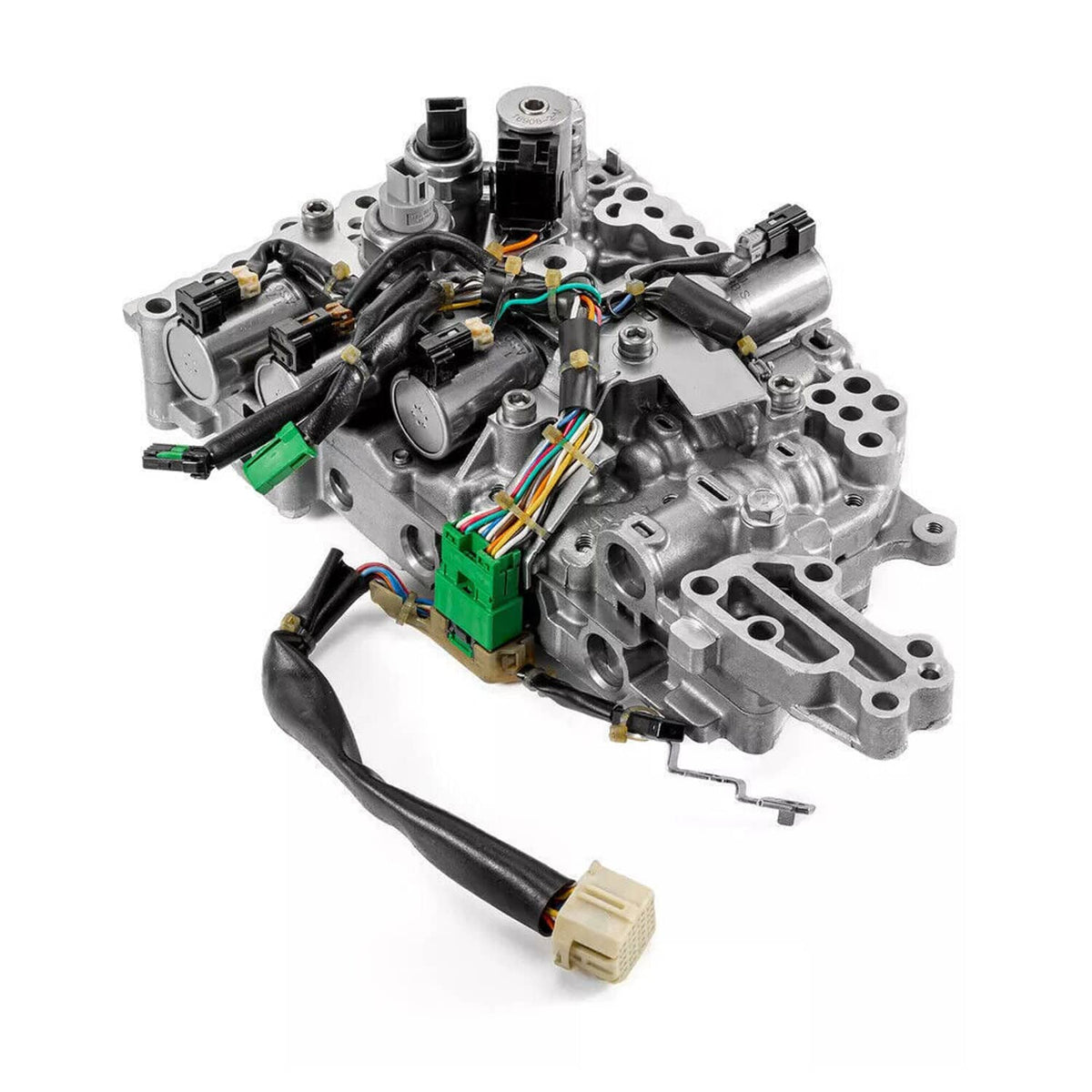 Transmission control valve body with solenoids and wiring connectors, aluminum housing