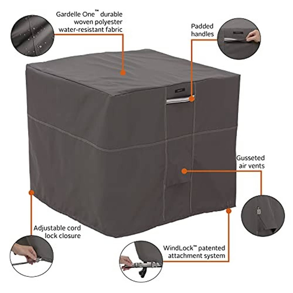 Dark gray square air conditioner cover with padded handles and cord lock