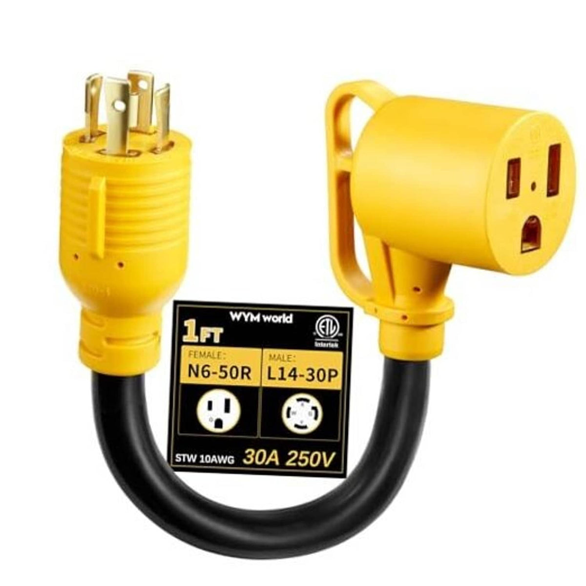 NEMA 30A twist-lock adapter plug with 1.5 ft black cord and yellow 4-prong connector
