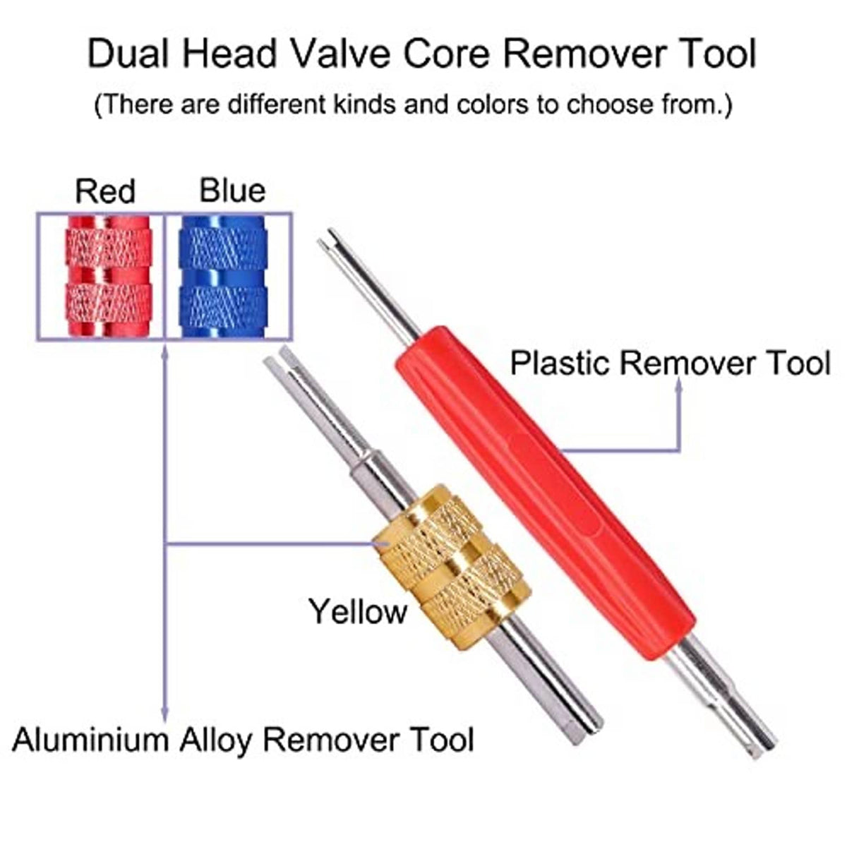 Dual head valve core remover set with red and blue options and gold threaded tips