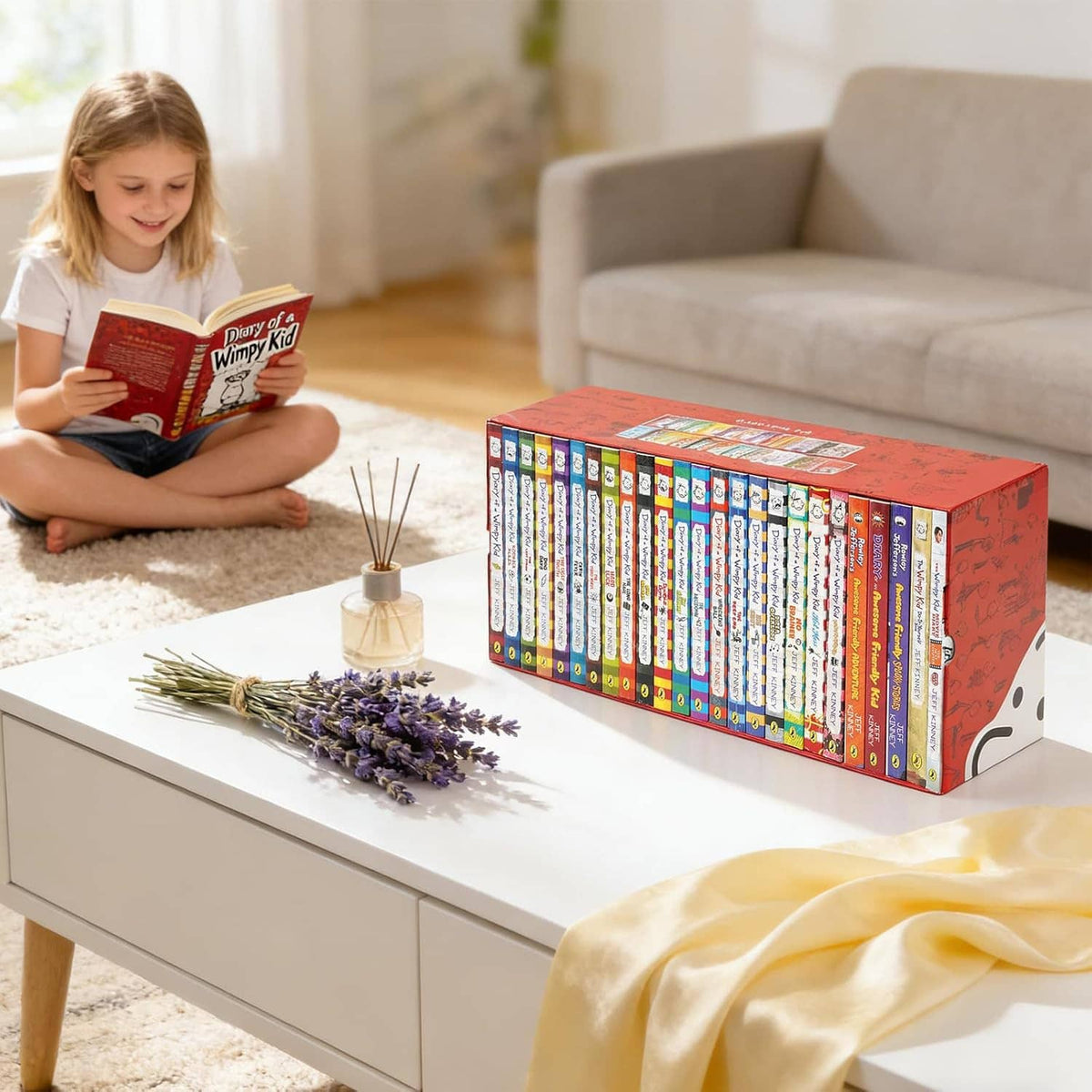 Diary of a Wimpy Kid book box set on table with colorful spine covers