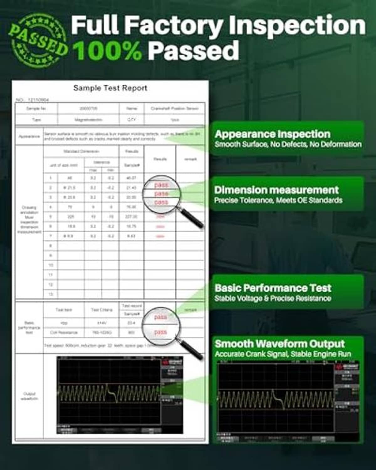 Crankshaft position sensor factory inspection poster with test report and waveform charts