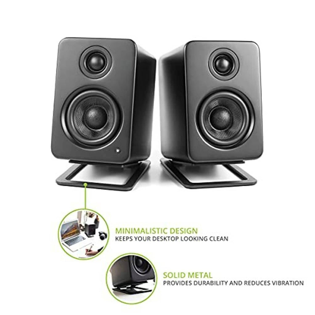 Black speaker stands holding two compact desktop speakers with tilted bases