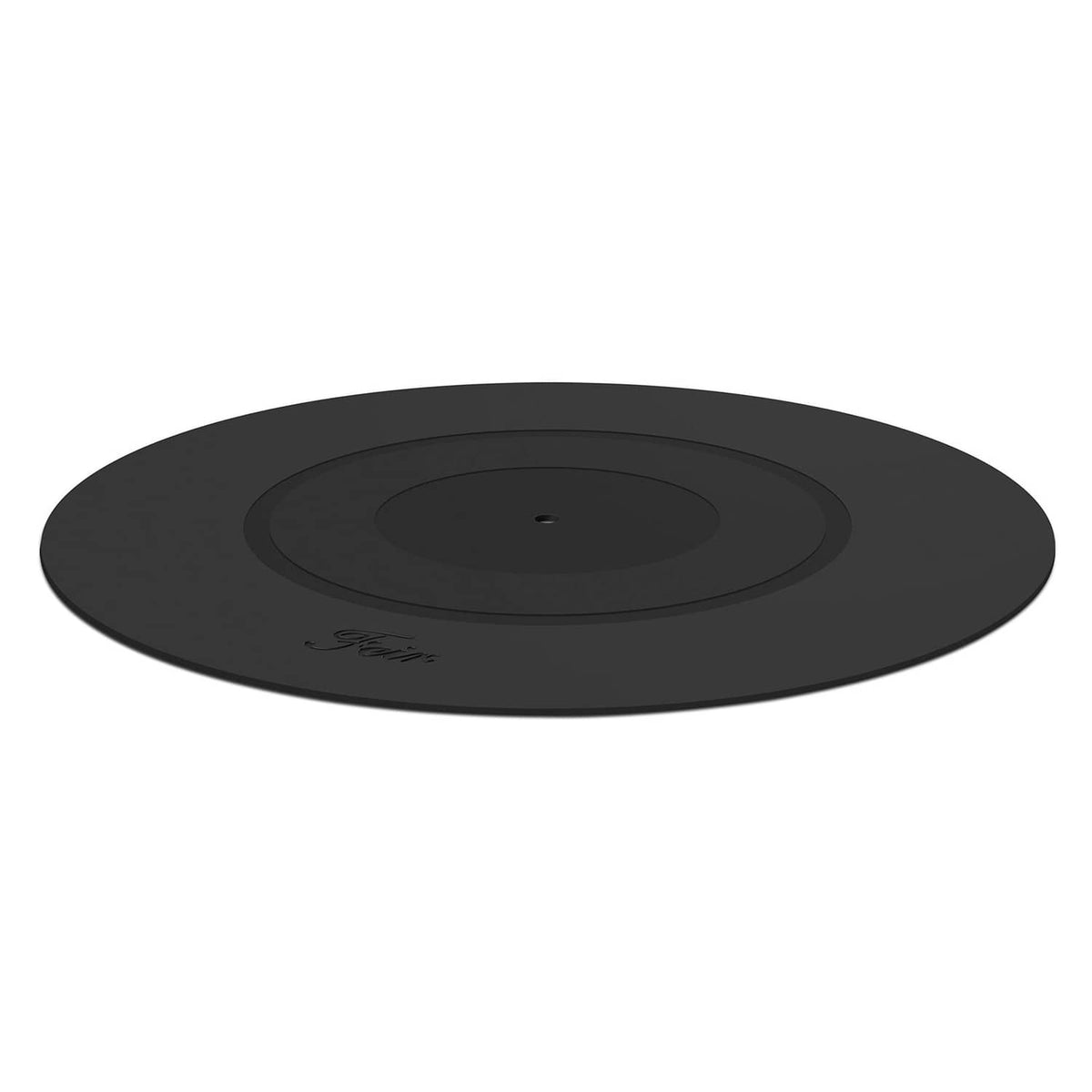 Black circular turntable mat, top view with shallow central recess and embossed logo