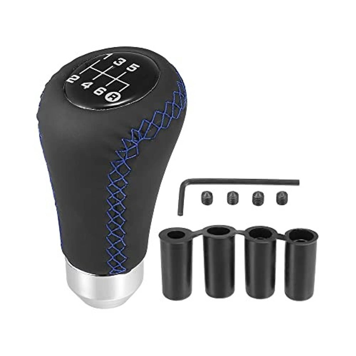 Black 6-speed gear shift knob with blue stitching, plus metal shaft adapters and screws