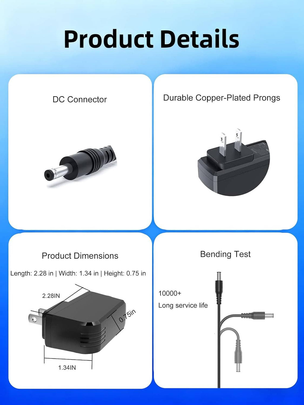 Power charger product details showing DC connector and copper-plated prongs