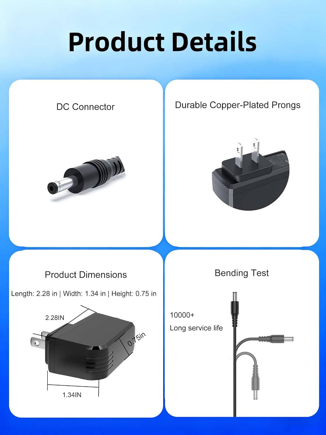 Power charger product details showing DC connector and copper-plated prongs