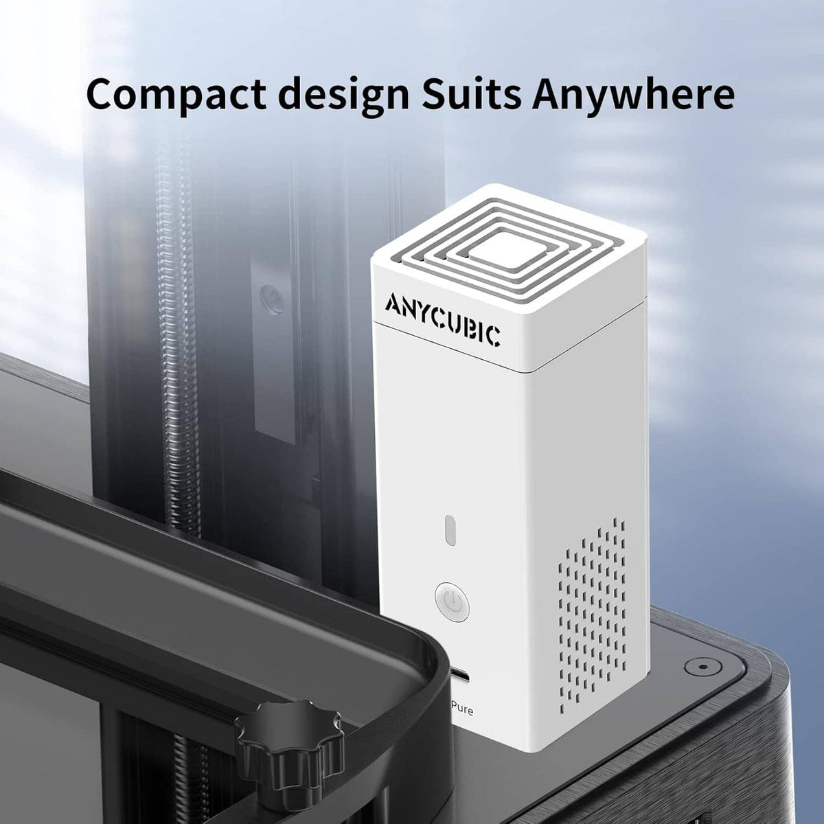 Compact white AirPure air purifier with vented grills and round power button.