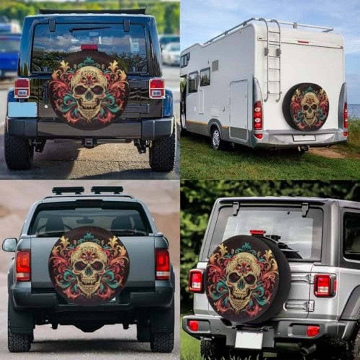 Multiple views of 17-inch spare tire cover: black background with colorful skull swirl design